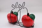 Vintage Ceramic Apple S & P Shakers in a Wire Rack w/Napkin Holder