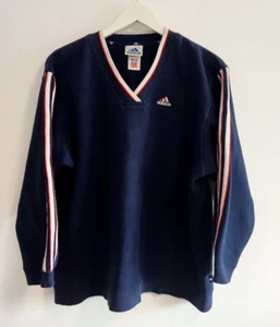 Vintage 1990's Y2K ADIDAS V-Neck Retro Sweatshirt Blue UK Size Large Logo - Picture 1 of 21