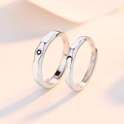 2pcs/set 925 Silver Zircon Promise Ring Couple Adjustable Letters Women Men Gift - Image 1 of 4