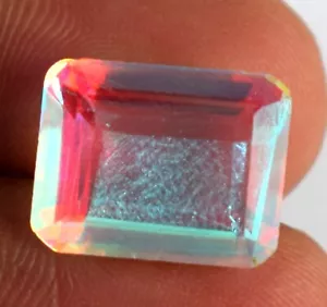 Natural Rainbow Mystic Topaz 8.70 Carat Emerald Cut Gemstone Certified B74408 - Picture 1 of 8