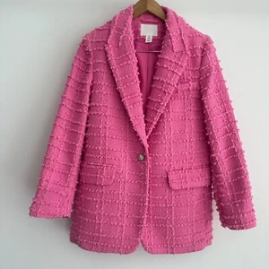 H&M Tweed Jacket Womens Small Pink Textured Weave Boucle Blazer Parisian Barbie - Picture 1 of 13