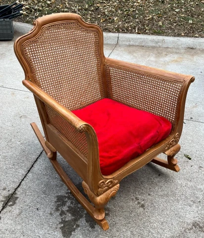 Antique Gothic Victorian Large Teak Rocking Chair with Cane Sides and Back Cover