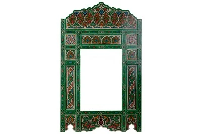 Moroccan farmhouse Green dark hanging mirror frame, decor of wood, hand-painted  - Image 1 of 4