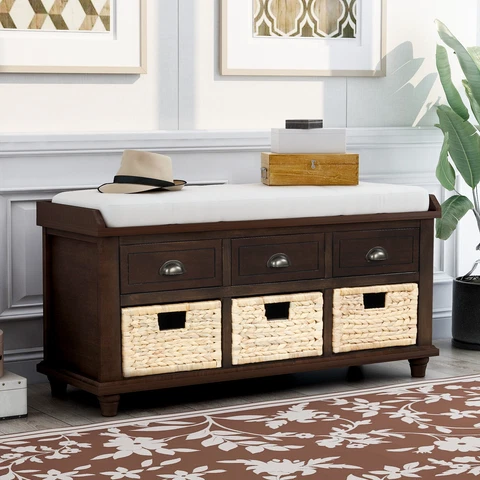 Rustic Storage Bench with 3 Drawers and 3 Rattan Baskets Shoe Bench Cover
