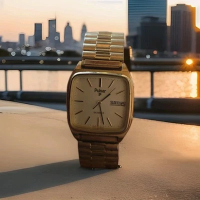 Pulsar Hombre Y563-5009 Esfera Blanca Día/Fecha Tono Dorado Cuadrado Cuarzo Reloj 8" MUÑECA Foto 1 de 4