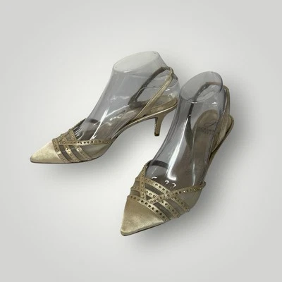 Adrianna Pappel Gold Leather Strappy Kitten Heel Pumps Bejeweled Womens 7M - Image 1 of 4