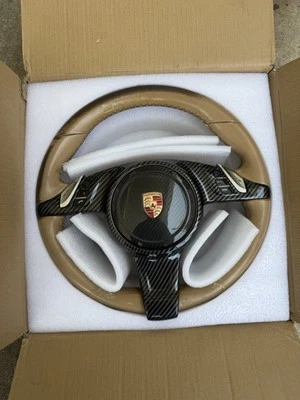 2011-2014 Porsche Cayenne Steering Wheel OEM Beige With Carbon Fiber Trim - Image 1 of 4