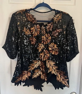 Blusa Formal Vintage Años 80 Stenay Manga Corta Lentejuelas Floral 100% Seda Talla XL Foto 1 de 4