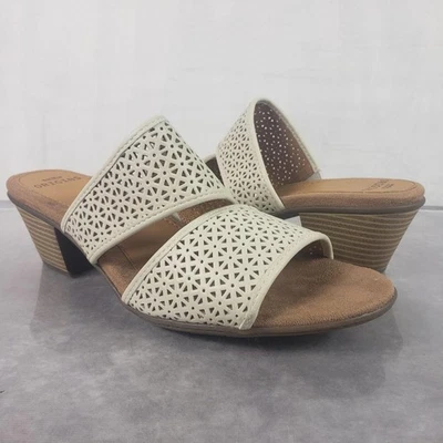 Sandálias femininas Earth Origins tamanho 9.5 couro branco salto bloco Cayla corte a laser - Imagem 1 de 4