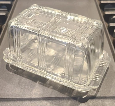 Vintage Hazel Atlas Crisscross Butter Cheese Dish 1lb Container Clear Glass USA - Image 1 of 4