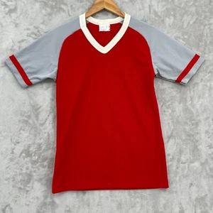 Vintage Majestic Men's S Blank Jersey Polyester Knit V-Neck Shirt Red USA Made - Picture 1 of 9