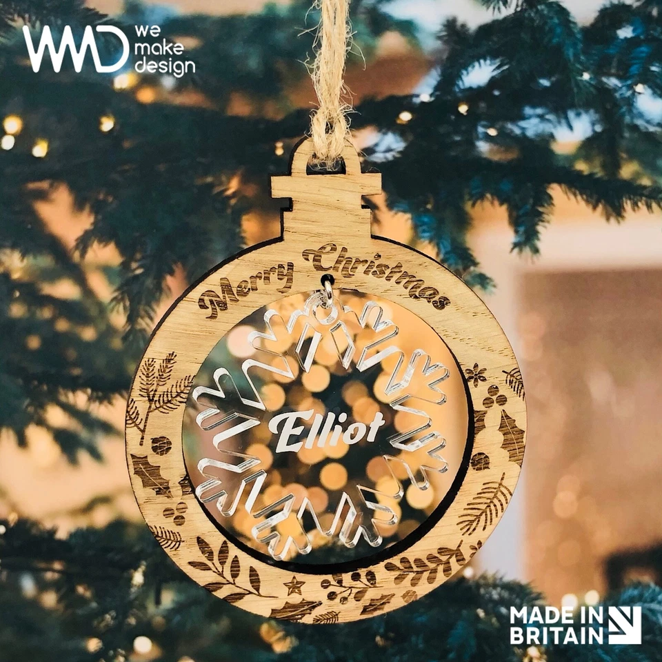 Personalised Wooden & Acrylic Christmas Tree Decoration Bauble - Image 1 of 1