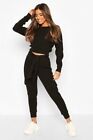 Womens  Petite Black Cargo Style Trouser Cropped Top Loungwear Tracksuit Set