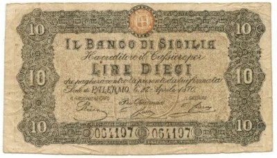 10 LIRE FALSO D'EPOCA BANCO DI SICILIA FEDE DI CREDITO 27/04/1870 qBB - Image 1 of 4