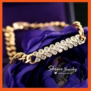 18K ROSE GOLD GF CROSS PAVED ID BAR DIAMOND CUT CURB LINK CHAIN BANGLE BRACELET - Picture 1 of 9