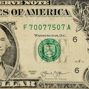 007 James Bond Fancy Serial One Dollar Bill F70077507A FW 2013 Trinary Four 7s - Picture 1 of 8