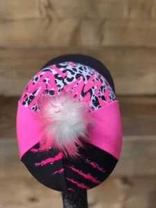 Horse Riding hat silk fur Pom, Wool Or Button Top pink splash animal print - Picture 1 of 24