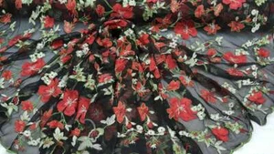 Red Floral Lace Green Leaf Embroidered on Black Mesh Fabric Sold by the Yard - Picture 1 of 6
