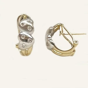 14K Real Gold 3.5 gr two Tone Double Heart W/Diamonds Earrings Great Deal - Picture 1 of 1
