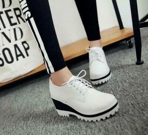 Mujeres Informales Puntera Redonda Tacón de Cuña Plataforma con Cordones Tenis Zapatos Atléticos Fiesta - Imagen 1 de 10