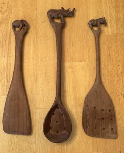 Mid-Century Hand Carved Solid Tribal Safari Animals Serving Utensils Set of 3 - Picture 1 of 7