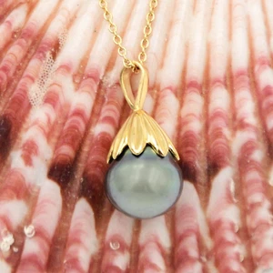 14k Yellow Gold Black Pearl Gemstone Necklace 18 1/4" Long - Picture 1 of 5