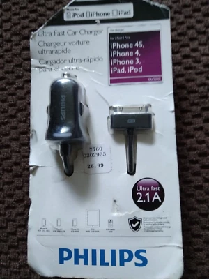  Novo Carregador de Carro Philips Ultra Rápido 2.1A iPod iPhone iPad 4s 4 3 3g DLP22551 - Imagem 1 de 3