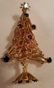 Vintage Christmas Tree Brooch Pin Gold Tone Multi Color Rhinestone♡♡ - Picture 1 of 4