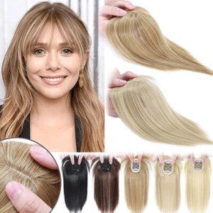 100% Real Natural Hair Women Topper with Bangs Toupee Clip in Hairpiece Top Hair - Picture 1 of 25