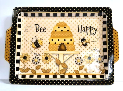 Керамический поднос блюдо закуска тарелка Cottage Core Farmhouse Bee Happy бывшая в употреблении - Изображение 1 из 4