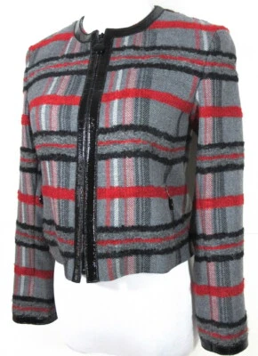 AKRIS Punto S Bergdorf Alpaca Wool TWEED Cropped Zip Blazer Jacket Leather Trim - Изображение 1 из 4