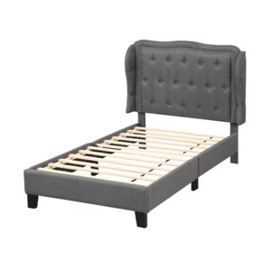 Twin Size Modern Bed Frame W/ Button Tufted Wingback Headboard Bedroom Platform - Picture 1 of 13