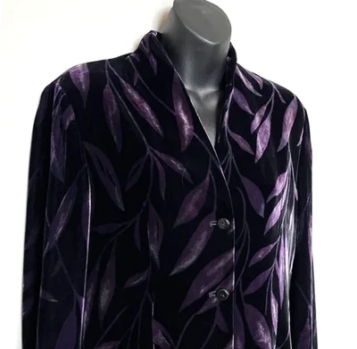 Chaqueta Blazer Dana Buchman Terciopelo Talla 4 Negro Púrpura Hojas Mezcla Seda Foto 1 de 4