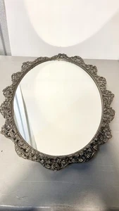 Vintage Matson Hollywood Regency Silber Metall Oval Kosmetikspiegel Tablett Rosen - Bild 1 von 13