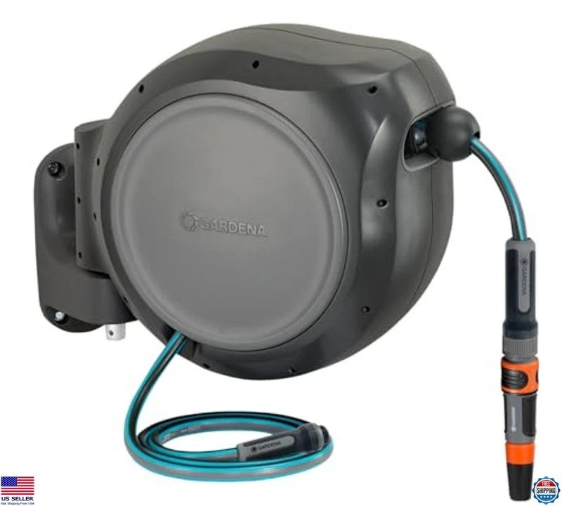 Carrete de manguera de jardín retráctil 50 pies x 1/2" montado en la pared, retracción automática, boquilla Foto 1 de 4