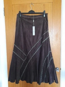 Per Una Suede Look Brown Flared Skirt Lace Trim Size 12R 90cm Long - Picture 1 of 8