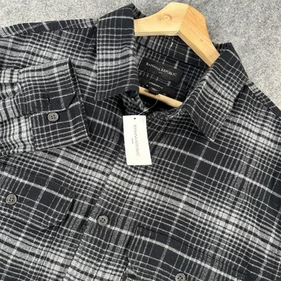 Banana Republic Shirt Mens Medium Black Gray Plaid Flannel Standard Fit Brushed - Image 1 of 4