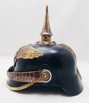 Antiguo casco de cuero Pickelhaube alemán oficial imperial prusiano con púas de latón Foto 1 de 4