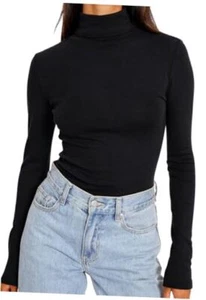 Women's Turtleneck Long Sleeve Shirts Fall Fashion Basic Thermal Medium Black - Picture 1 of 6