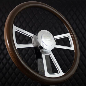 (T04) 18" Steering Wheel Big Rig Dark Mahogany Wood KEN W900 & PETE 320-389 - Picture 1 of 15