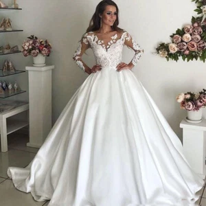 Elegant Satin Wedding Dresses Long Sleeve Court Train Lace Appliques White Ivory - Picture 1 of 10