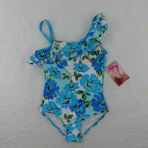 Kanu Surf Swimsuit Girls 12 Blue Floral One Piece Ruffle 8564 - Picture 1 of 10
