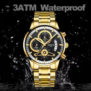 NIBOSI Herren Gold/Schwarz Farbe Uhr Chronograph Wasserdicht 30M Vollstahl Quarz - Bild 1 von 14