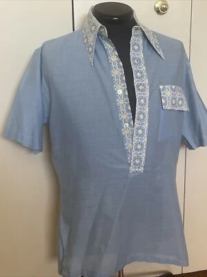 Men’s Vintage Puritan Short Sleeve Shirt 1970s Button Front Floral Lapels Blue - Image 1 of 4
