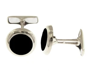 18K WHITE GOLD CUFFLINKS, ROUND 15mm BUTTON, SMOOTH, BLACK ONYX, MADE IN ITALY - Picture 1 of 4