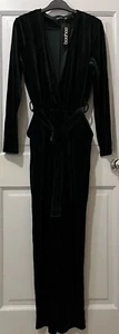 BOOHOO DARK GREEN VELVET STRETCHY FAUX WRAP LONG SLEEVE JUMPSUIT - UK 10 - NWT - Picture 1 of 24