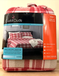 NEW Cuddl Duds Microfleece Warm Cozy Sheet Set - Queen RED Plaid $99 - Picture 1 of 10