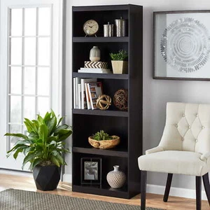 Framed 5-Shelf Bookcase with Adjustable Shelves, Espresso,Wood Grain - Picture 1 of 8