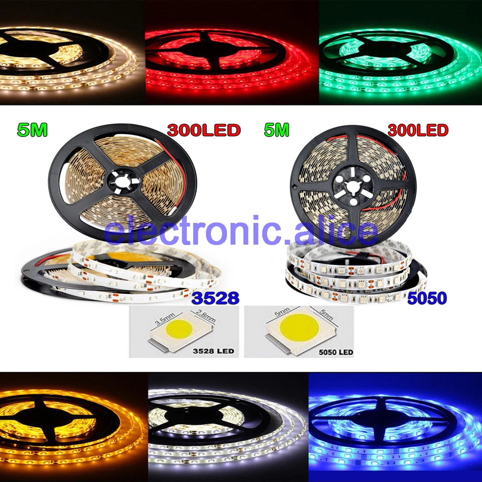 5M 3528 5050 SMD 300 led Flexible strip light RGB warm white cool  white 12V DC - Image 1 of 1