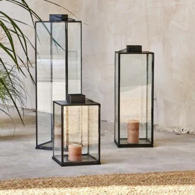 Black Metal Glass Lantern X Small Rectangular Square Tea Light Holder Sia Nkuku - Image 1 of 4